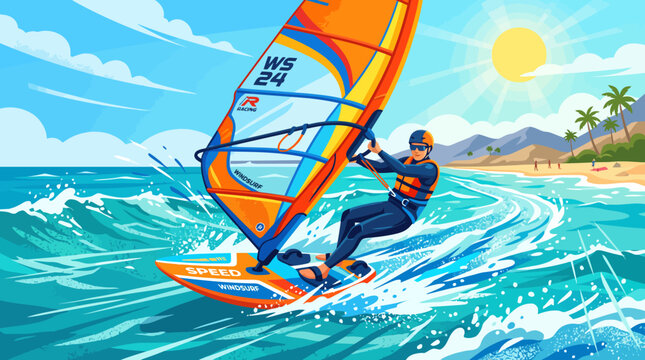 Windsurfer riding ocean waves on a sunny summer day.