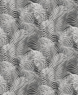 Seamless abstract background, elegant monochrome palm leaves pattern on dark grey texture