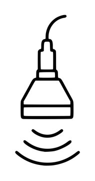 Hand-drawn black-and-white vector icon illustration of an ultrasonic probe sensor emitting radio waves, depicting acoustic wave technology with clean line art