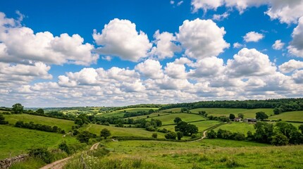Obraz premium Luminous deep blue summer sky filled with soft billowing white cumulus clouds above a calm green countryside with rolling hills, hedgerows, scattered trees, and winding country lanes