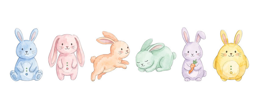 Watercolor Bunny Rabbit Easter Clipart set of cute pastel colorful bunnies jumping, sitting, sleeping on white background. Adorable hand drawn baby shower nursery animal illustrations for card design.