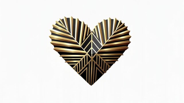 Elegant golden metallic heart with geometric patterns on white background for luxury design