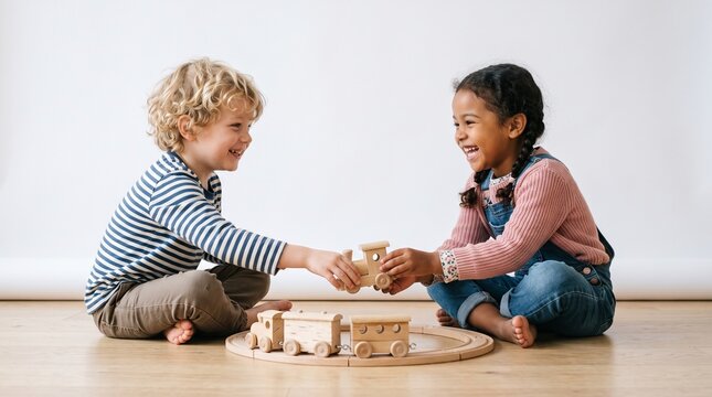 Joyful diverse children playing with wooden train set on floor, sharing and interacting happily