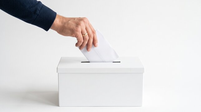 Man's hand with wedding ring inserts ballot into white voting box on white background