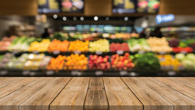 Wooden table with blurred fresh fruits and vegetables in supermarket background