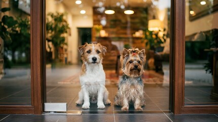 Obraz premium Two attentive terriers sitting behind clear glass door in warm cozy interior, jack russell and yorkshire terrier pets watching from inside home