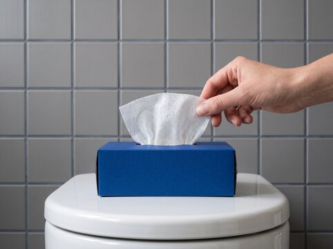 Close up of a hand pulling a white facial tissue from a blue box in a modern bathroom