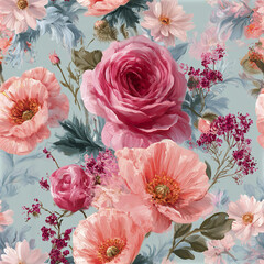 Obraz premium Seamless romantic botanical pattern with large pink rose and peach poppy flowers on soft blue background