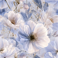 Fototapeta premium Soft white flower with delicate petals and translucent blue leaves create romantic botanical pattern with gentle natural beauty