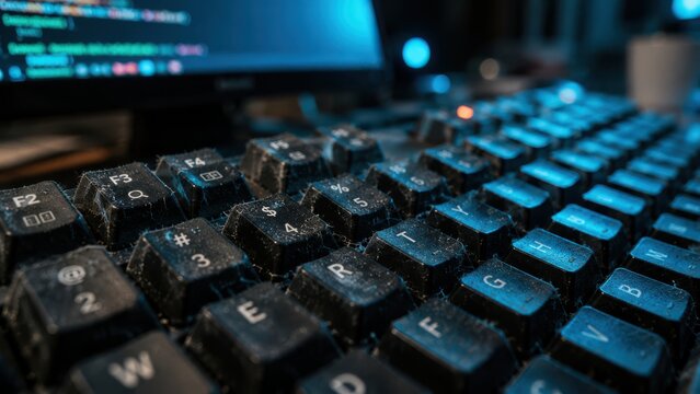 Dusty Computer Keyboard with Glowing Blue Backlight and Code Screen