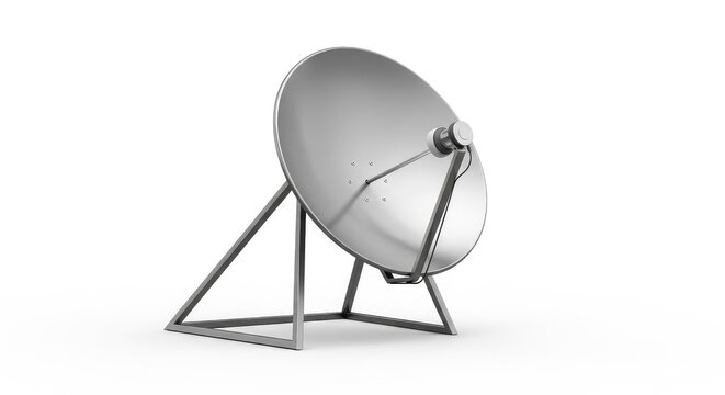 A modern parabolic satellite dish mounted on a sleek metal frame, isolated against a plain white background for telecommunication concepts, orbit, equipment, background