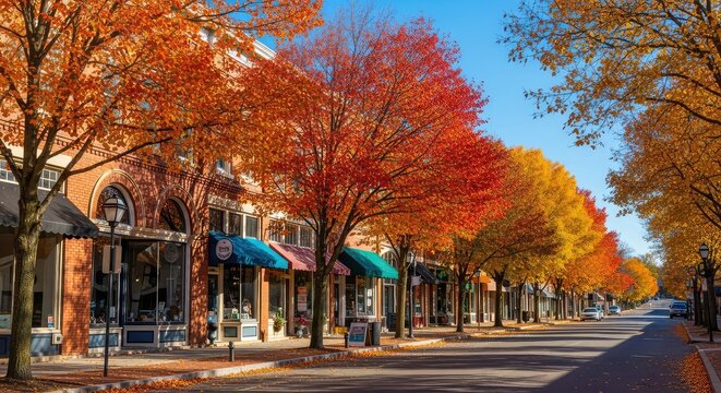 A peaceful small town street is lined with historic shops and vibrant autumn trees under a blue sky with orange leaves on the sidewalk, bright, storefronts, leaves