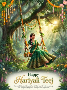 Happy hariyali teej celebration poster with woman swinging under lush forest trees