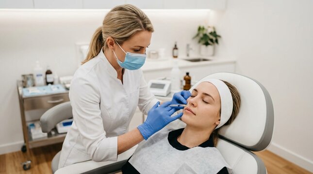 Female dermatologist in white coat and blue surgical mask precisely injecting facial dermal filler into a relaxed young woman's cheek inside a clean, modern aesthetic clinic treatment room