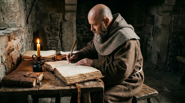 Bald monk with graying beard writing in leather-bound book with quill pen by candlelight inside ancient stone monastery, wearing heavy brown robe
