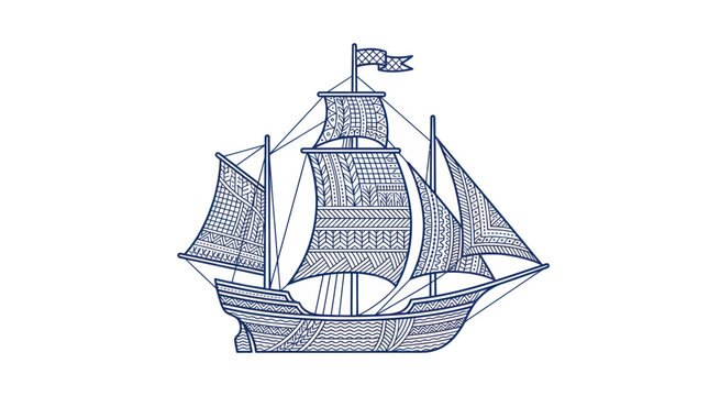 Detailed illustration of a vintage sailing ship with full rigging and sails.