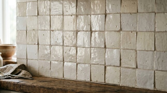 Close-up view of handmade cream off-white zellige ceramic tile wall backsplash with subtle texture and rustic wooden countertop