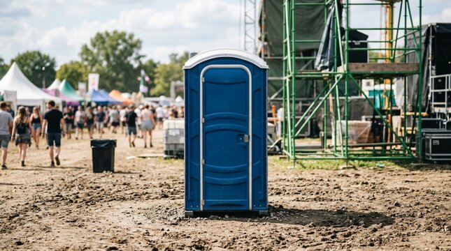 Compact blue portable restroom standing on packed earth at sunlit outdoor event with scaffolding, tents, and crowd