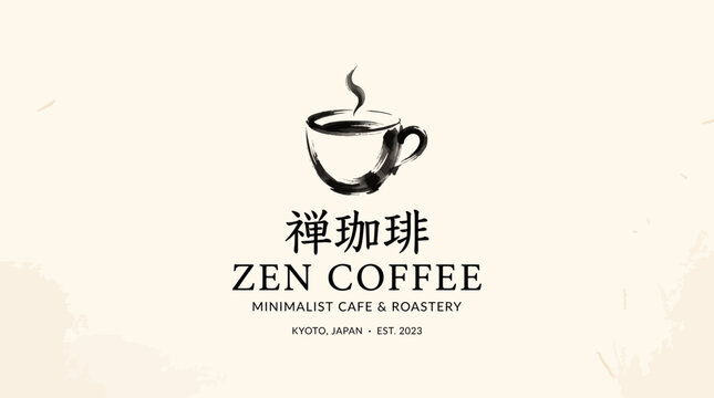 Zen Coffee minimalist cafe and roastery logo design with brush stroke coffee cup illustration.