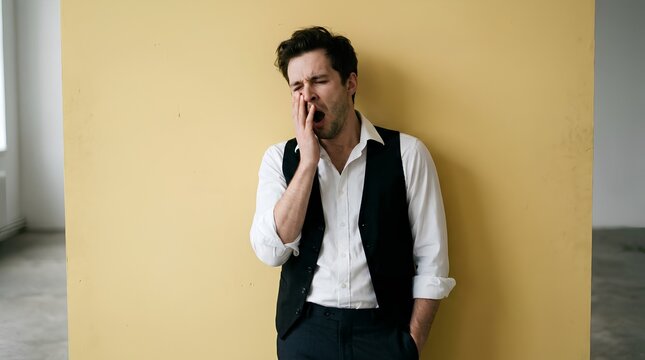 Tired young man in black vest and white shirt yawning against plain yellow studio backdrop, fatigue and exhaustion concept portrait, copy space on left side