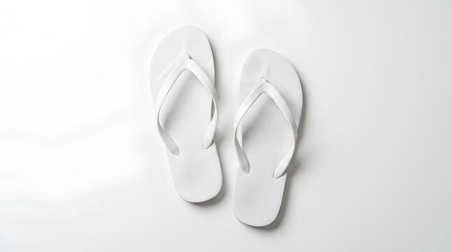 Pair of plain white rubber flip-flop sandals arranged casually on clean white surface with soft overhead studio lighting, minimalist product photography, summer footwear