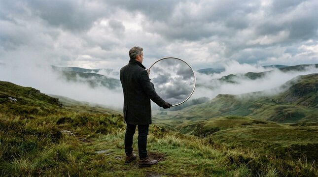 Mysterious businessman in dark coat standing on misty green hillside holding large polished round sky mirror reflecting dramatic cloudy sky above rolling mountain landscape at dawn