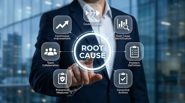 Businessman touching root cause analysis diagram for problem solving