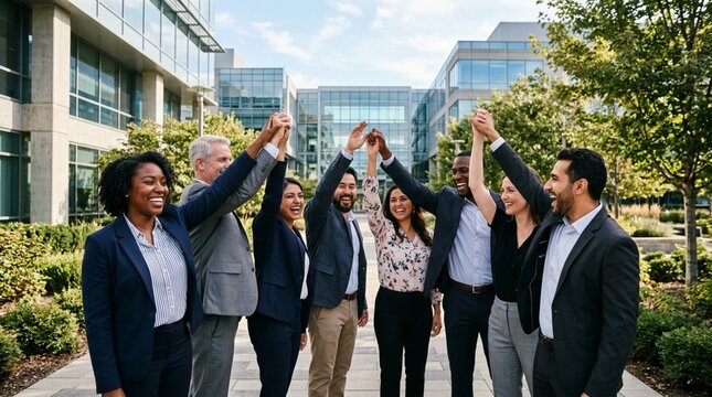 Diverse business team standing outdoors in front of modern office building, joining hands together in unity gesture on sunny day, smiling professionals celebrating teamwork and success