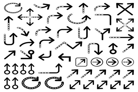 Collection of hand drawn style arrow signs and directional symbols with direction sketched navigation pointers collection handdrawn flowchart pointing elements movement