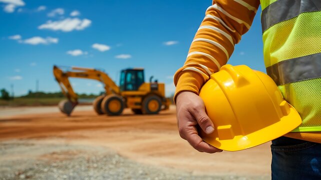 Construction worker holding safety helmet at heavy equipment worksite