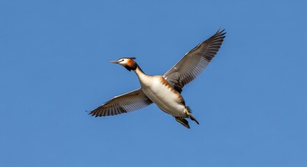 Obraz premium A stunning view of a great crested grebe soaring through a clear blue sky with its wings spread wide, showcasing elegant white patterns, airborne, profile, day