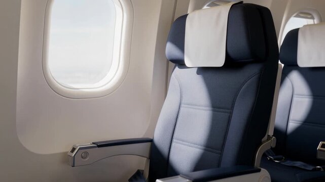 Comfortable empty airplane window seat in economy class with soft lighting and clean interior