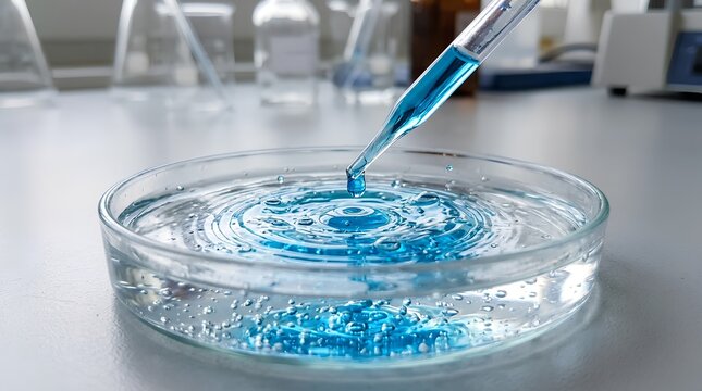 Laboratory pipette dispensing blue liquid drop into glass petri dish creating ripples, bubbles and splash on sterile lab bench, science research close-up