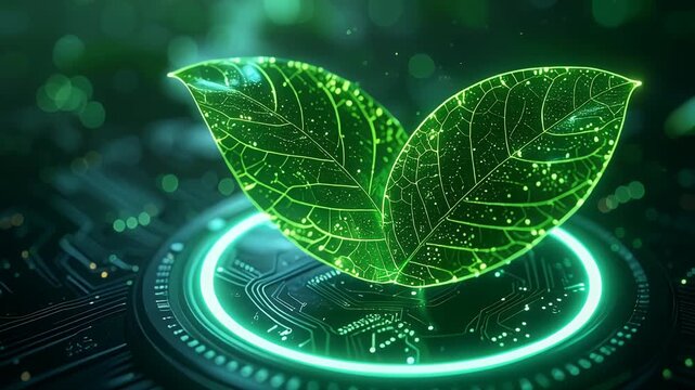 Two glowing green leaves with digital circuit patterns resting on a futuristic dark circuit board, symbolizing eco-friendly technology and sustainable innovation.