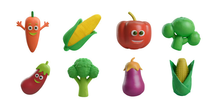 3D. Cartoon Vegetables. Colorful Fun Characters.