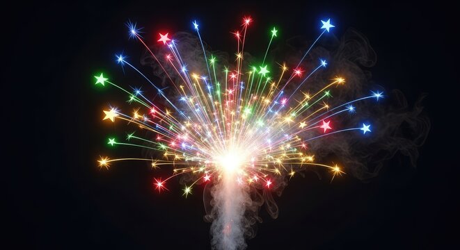 A vibrant digital rendering of a dynamic firecracker exploding with colorful glowing sparks and bright stars against a dark background, bright, fireworks, artwork
