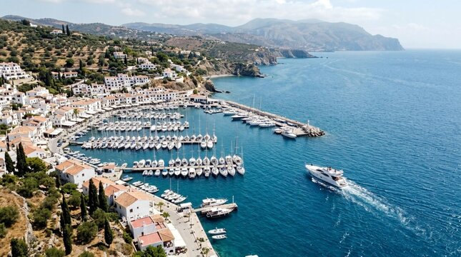 Aerial view of a white motor yacht cruising past a sunlit Mediterranean harbor filled with moored sailboats and coastal hillside village