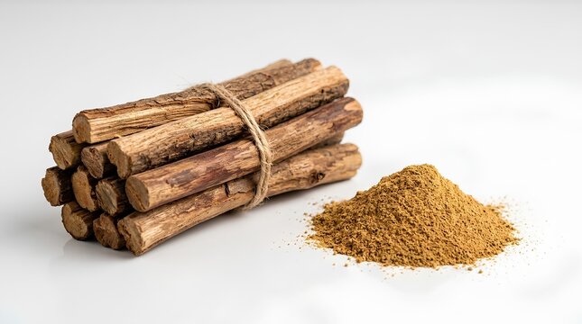 Bundle of raw sandalwood sticks tied with twine beside a small mound of fine sandalwood powder on a clean white surface, natural herbal aroma ingredient