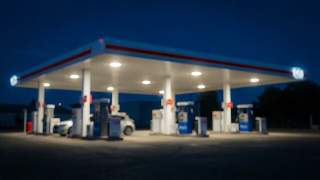 Modern fuel station illuminated at night with parked vehicles