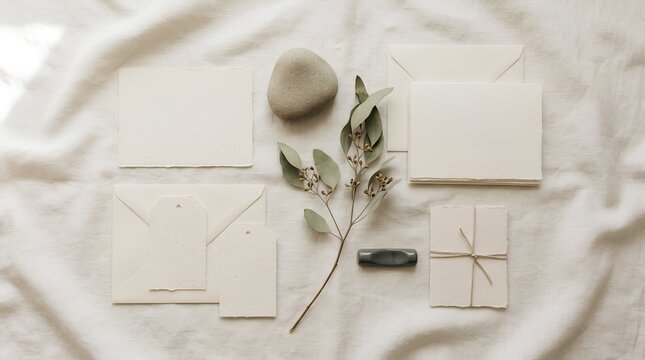 Elegant minimalist flat lay stationery mockup with cream cotton paper cards, smooth grey stone paperweight, dried eucalyptus sprig, and natural linen twine on soft wrinkled fabric backdrop