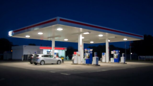 Modern fuel station illuminated at night with parked vehicles
