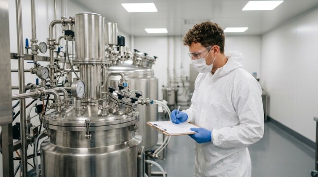Scientist in protective coverall and safety goggles inspecting stainless steel bioreactor system in clean laboratory, writing notes on clipboard during biopharmaceutical production process inspection