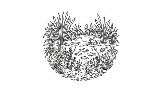 Sleek Black and White of a Thriving Aquatic Ecosystem with Fish Plants Snails and Frogs in a Pond Habitat