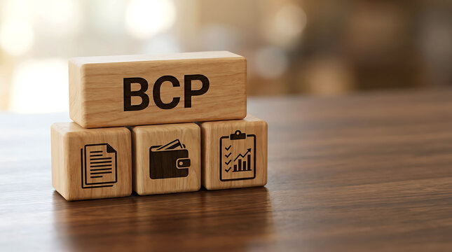 BCP business continuity plan concept with icons on wooden blocks table