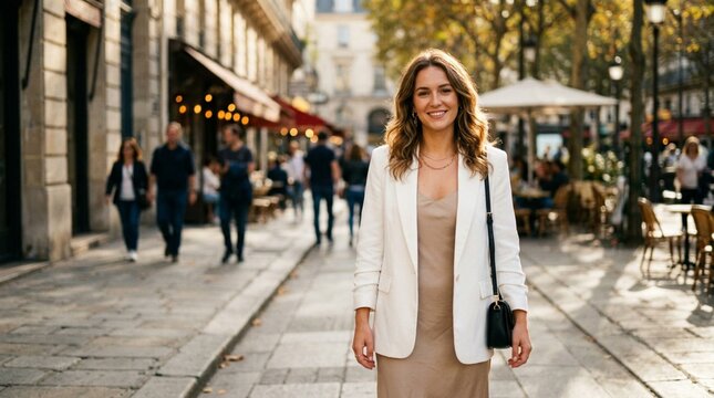 Smiling young woman in beige slip dress and crisp white blazer posing confidently on a sunlit European city sidewalk with blurred pedestrians, cafes, and warm golden hour bokeh background