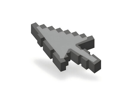 Pixel art style mouse cursor pointer in isometric perspective with three dimensional isometric computer interface navigation technology selection computing software abstract