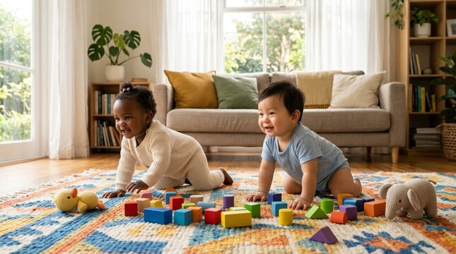Two diverse babies of different ethnicities crawling on a colorful woven rug in a sunlit living room, playing with wooden blocks, building blocks, and plush toys