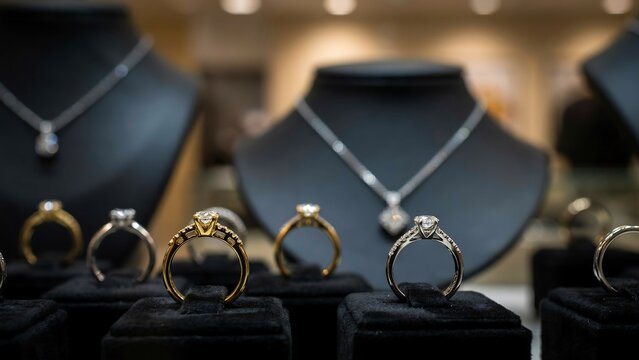 Luxury jewelry display featuring elegant rings and necklaces in showroom