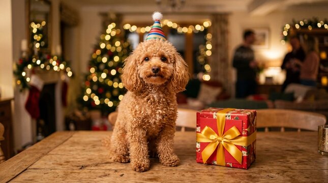 Adorable apricot toy poodle with curly fur wearing a colorful striped party hat, sitting on a wooden dining table beside a red wrapped Christmas gift with golden bow, cozy holiday home interior,