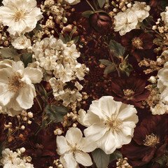 Obraz premium Seamless romantic wildflower tapestry featuring abundant ivory and dark brown flowers with green leaves creating warm elegant